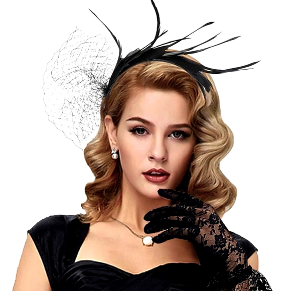 Elegant Black Feather Fascinator With Gorgeous Black Lace Gloves Set NWT - Picture 1 of 1